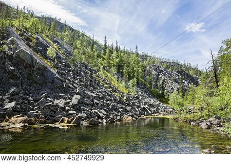 View Of The Pyha-luosto National Park In Summer, Rocks, Stones, Trees And Natural Pond, Lapland, Fin