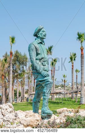 Chloraka, Cyprus - April 2, 2022: Statue Of General George Grivas-dhigenis.