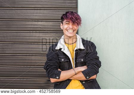 Cheerful Young Happy Boy Teenager Hispanic Race Smile And Laugh In Front Of The Camera In Posed Port