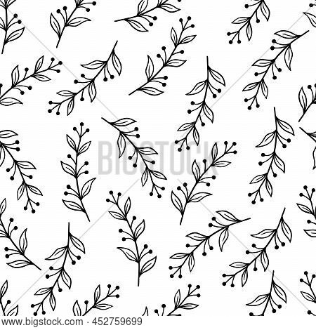 Hand Drawn Leaf Seamless Pattern. Doodle Simple Froral Style. Leaf Background Vector Illustration