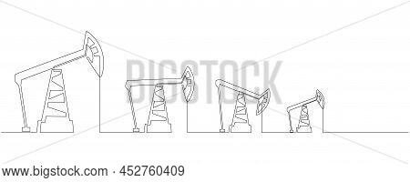 Oil Pumps Jacks Of One Continuous Line Drawing. Drilling Rigs Petroleum Production And Trade Industr