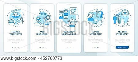 Steps To Charisma Blue Onboarding Mobile App Screen. Charismatic Person Walkthrough 5 Steps Graphic 