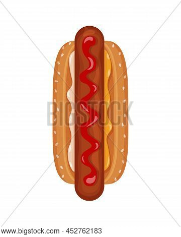 Hot Dog Top View. An Image Of A Hot Dog With Sausage, Drizzled With Ketchup And Sprinkled With Musta