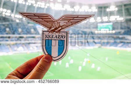 September 12, 2021, Rome, Italy. Football Club Emblem S.s.  Lazio Against The Backdrop Of A Modern S