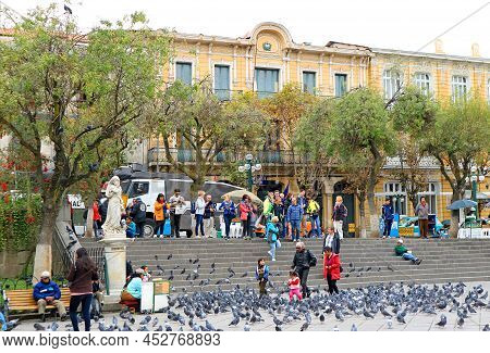 Street Scene Of Plaza Murillo Square With The Large Flock Of Pigeons, La Paz, Bolivia, South America