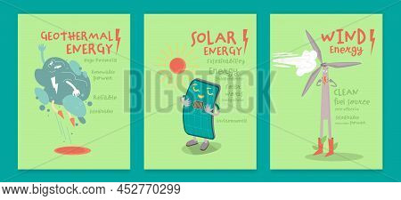 Clean Energy Vertical Posters Set With Funny Creative Characters.