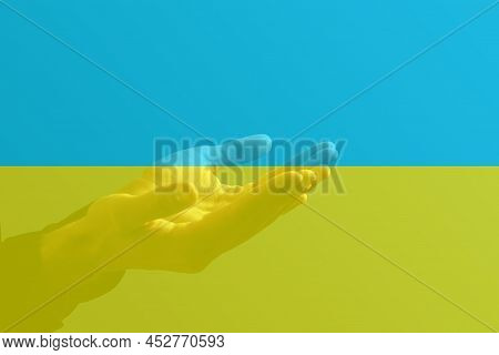 Flag Ukraine With Woman Praying And Worshiping Hands In Worship To God On Flag Background, Folded Ha