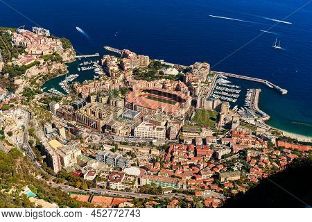 Aerial View Of Port Cap Dail At Sunset, France, A Lot Of Boats Are Moored In Marina, View Of City Li