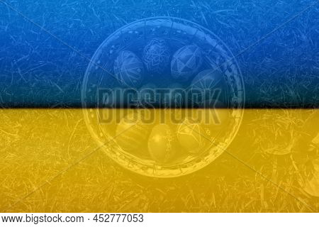 Defocus Closeup Of Basket Of Colored Red Eggs On Nature Green Grass Background. Easter Holiday Conce