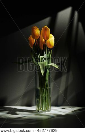 Vertical Minimalistic Still Life Shot Of Fresh Yellow Tulip Flowers In Transparent Glass Vase On Tab