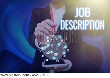 Text Caption Presenting Job Description. Word Written On A Document That Describes The Responsibilit