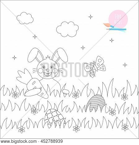 Easter Coloring Page For Kids. Cute Rabbit With A Carrot On A Lawn. Illustration In A Flat Style.