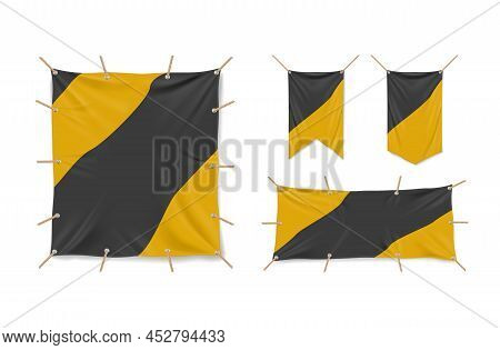 Vinyl Banners 3d Vector Mockup, Fabric Awnings And Flags Stretched On Flex. Black And Yellow Canvas 