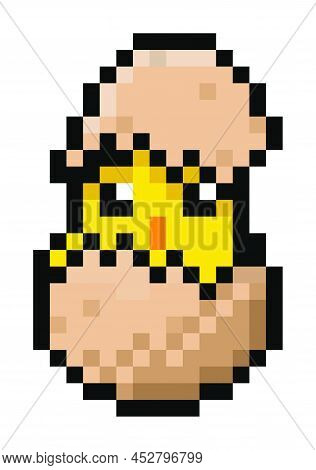 Cute Pixel Chick Hatched From An Egg - 8 Bit Isolated Vector.