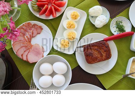 Easter Breakfast Table In Poland. Easter Foods In Europe. Easter In Poland - Wielkanoc.