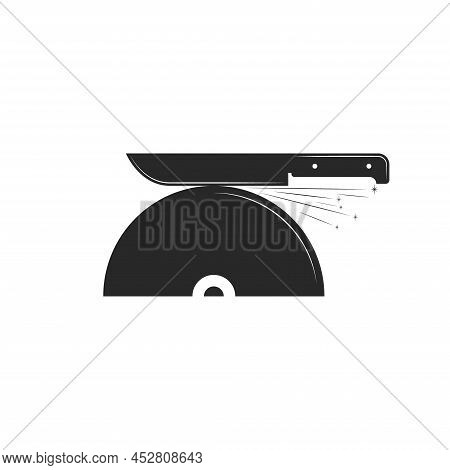 Sharpening Knife Logo For A Blacksmith Craftsman, Black And White Industrial Illustration, Round Whe