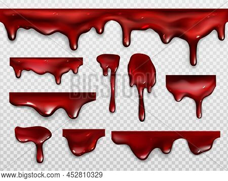 Dripping Blood, Red Paint Or Ketchup. Scary Decoration For Halloween Or Horror Design. Vector Realis