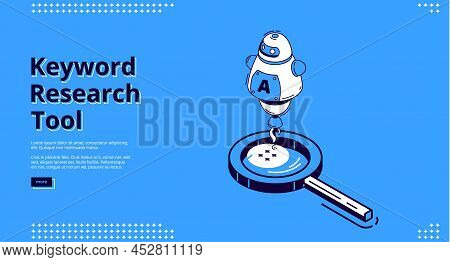 Keyword Research Tool Isometric Landing Page With Large Magnifier, Artificial Intelligence Isolated 