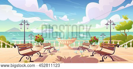 Summer Seafront With Cruise Ship And Powerboat In Ocean, Cartoon Quay With Fountain, Benches And Vin