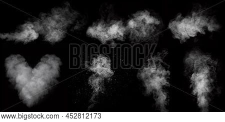 A Set Of Seven Different Types Of Swirling, Writhing Smoke, Steam Isolated On A Black Background For