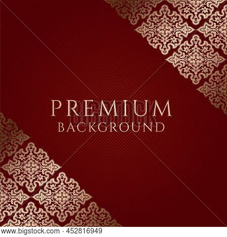 Premium Red Background With Ornamental Golden Corners And Centered Space For Text. Vector Illustrati