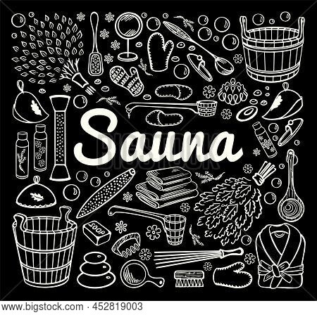 Sauna And Spa Accessories On Black Board Background