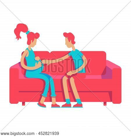 Man Touching Belly Pregnant Wife Semi Flat Color Vector Characters. Pregnacy Period. Sitting Figures
