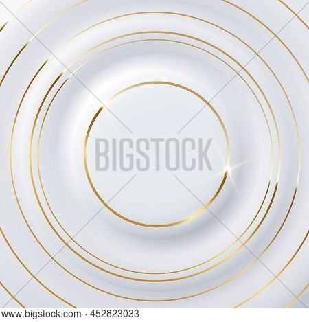 3d White Figures With Geometric Concave And Convex Surface, Golden Shiny Circular Lines