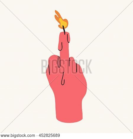 A Hand-shaped Candle Shows The Middle Finger. Flat Design, Hand Drawn Cartoon, Vector Illustration.