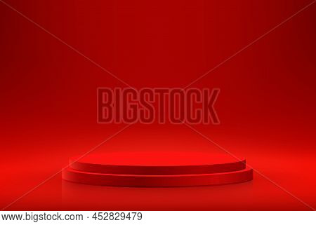 Red Round Podium For Presentations On Abstract Red Background