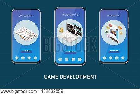 Game Development Isometric Composition With Promotion Symbols Isolated Vector Illustration