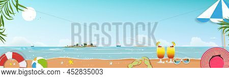 Summer Wall Background With Island,sea Beach,blue Sky And Cloud On Sunny Day,vector Wid Banner Backd