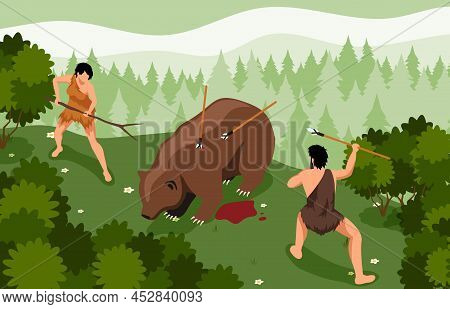 Isometric Primitive People Horizontal Composition With Outdoor Forest Scenery And Two Men Fighting B