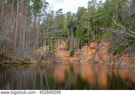 The Echo Cliff Near River Salaca In Mazsalaca Nature Park. Beautiful Natural Formation. A Naturally 