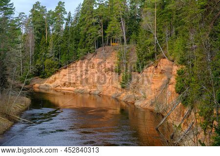 The Echo Cliff Near River Salaca In Mazsalaca Nature Park. Beautiful Natural Formation. A Naturally 