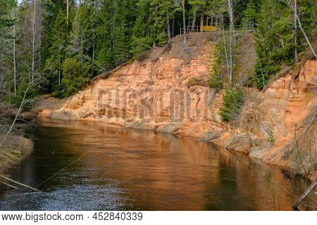 The Echo Cliff Near River Salaca In Mazsalaca Nature Park. Beautiful Natural Formation. A Naturally 