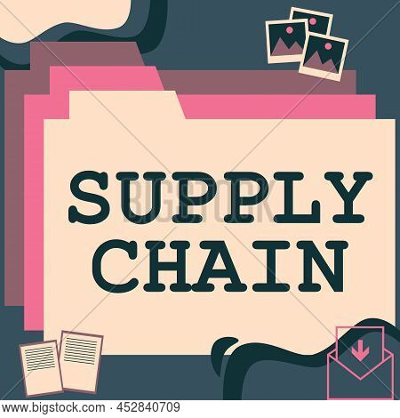 Conceptual Caption Supply Chain. Business Idea System Of Organization And Processes From Supplier To