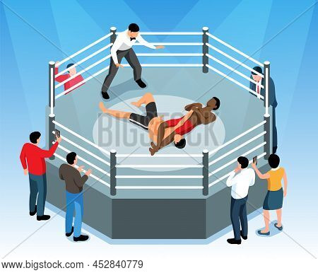 Isometric Martial Arts Mixfight Composition With View Of Circle Boxing Ring With Audience And Fighti