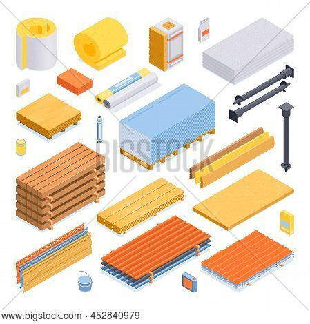 Isometric Construction Materials Icon Set With Foil Insulation Dry Wall Plywood Screw Pills And Othe
