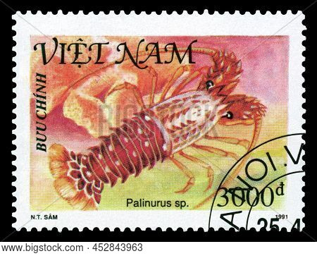 Stavropol, Russia - April  12 2022: A Stamp Printed By  Vietnam;  Shows  Spiny Lobster  Palinurus, S