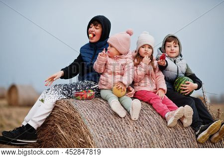 Four Kids With Fruits In Hands Sitting On Haycock At Field.
