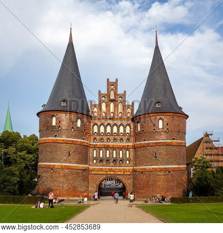 Lubeck, Germany - August 20, 2012: Holsten Gate (Built in 1464) in Lubeck close up