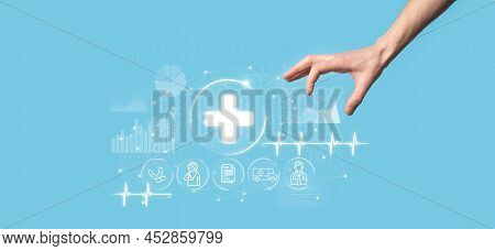 Businessman Hold Virtual Plus Medical Network Connection Icons. Covid-19 Pandemic Develop People Awa