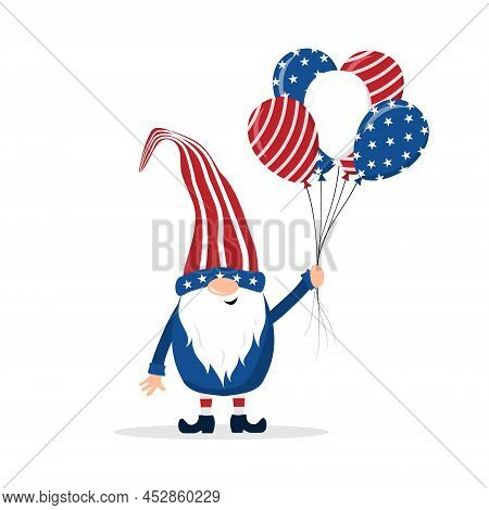 Patriotic American Gnome. Cute Scandinavian Dwarf With Balloons. Elf Celebrate Independence Day In T