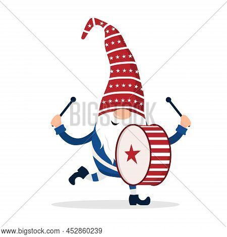 Patriotic American Gnome. Cute Scandinavian Dwarf With Drum. Elf Celebrate Independence Day In The U