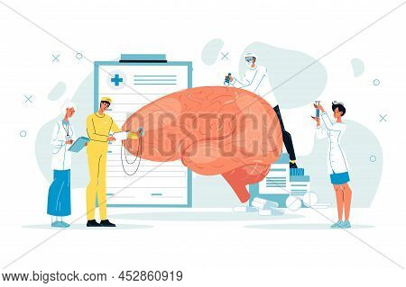 Tiny Doctor Examining Giant Brain Health, Inflammation Or Injury Using Stethoscope. Neurologist Team