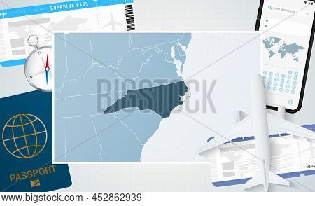 Journey To North Carolina, Illustration With A Map Of North Carolina. Background With Airplane, Cell