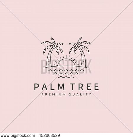 Tropical Sunset On Beach Logo Vector Line Art Minimal Illustration Design