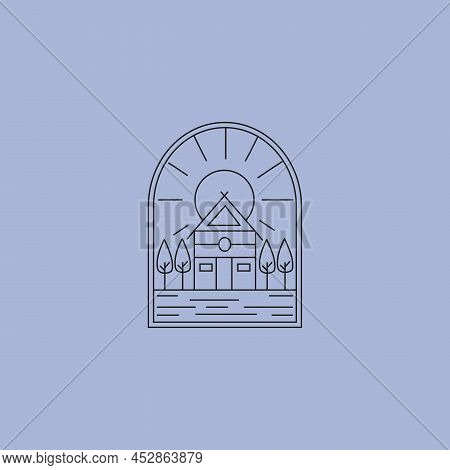 Summer Cottage House Logo Vector Illustration Design, Line Art Style Logo