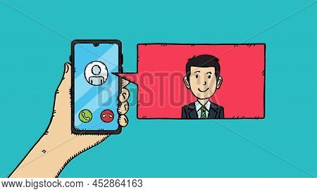 Colorful Cartoon Style Doodle Vector Illustration Of Hand Holding Mobile Phone And Speech Bubble Wit